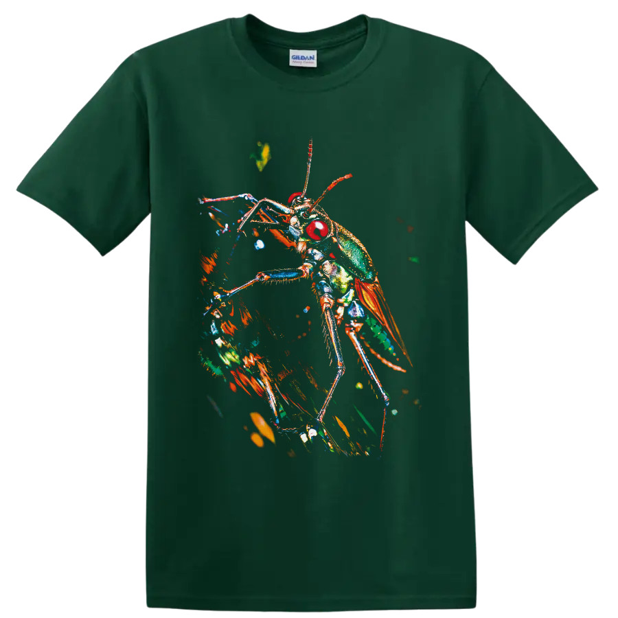 Colorful macro-style grasshopper with red eyes, green body, orange wings, and long legs on a Forest Green T Shirt