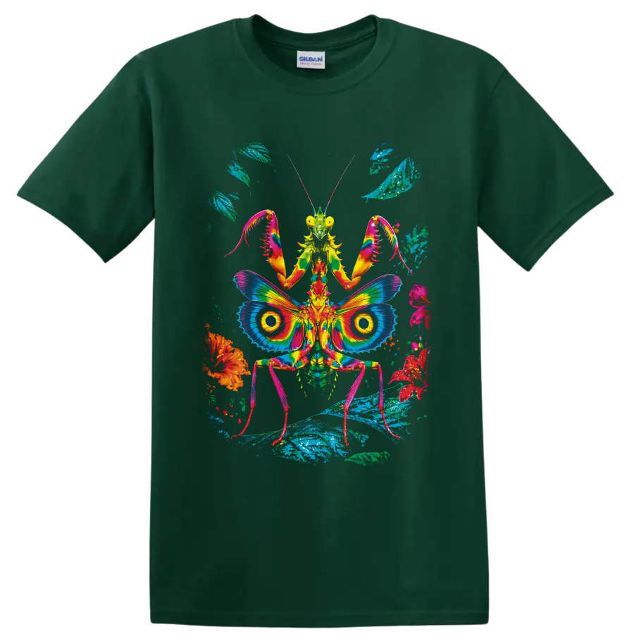 Psychedelic praying mantis with rainbow butterfly-like wings, flowers, and leaves on a Forest Green T Shirt