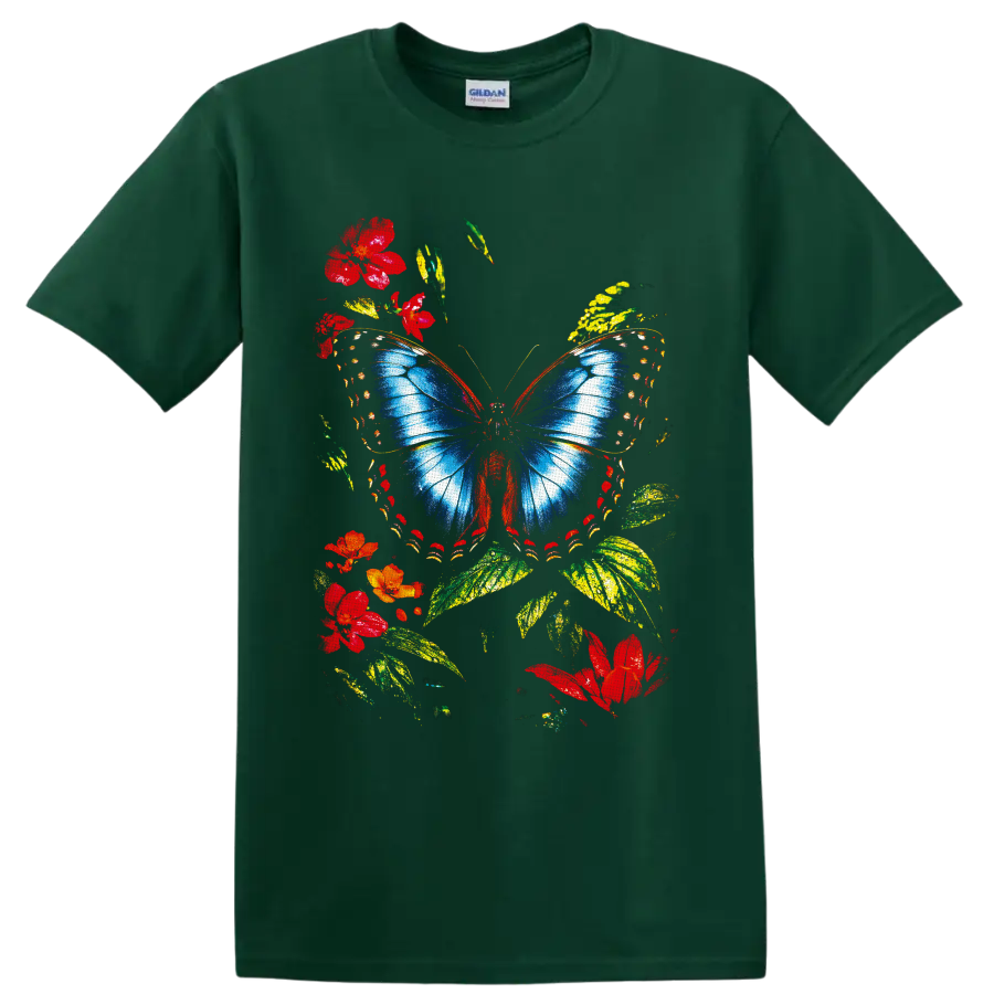 Blue butterfly with red flowers and green leaves in a colorful botanical graphic on a Forest Green T Shirt