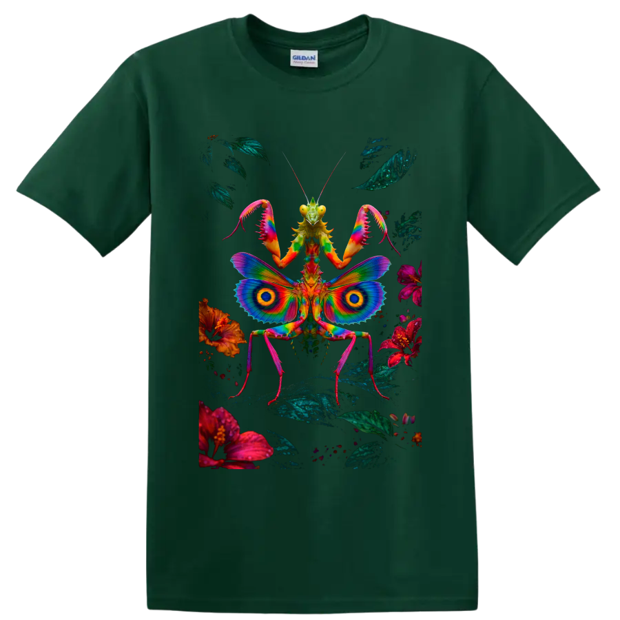 Psychedelic praying mantis with rainbow butterfly wings, flowers, and foliage on a Forest Green T Shirt