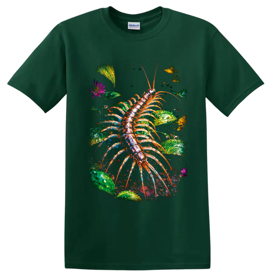 Detailed colorful centipede among dew-covered leaves, flowers, and garden soil on a Forest Green T Shirt