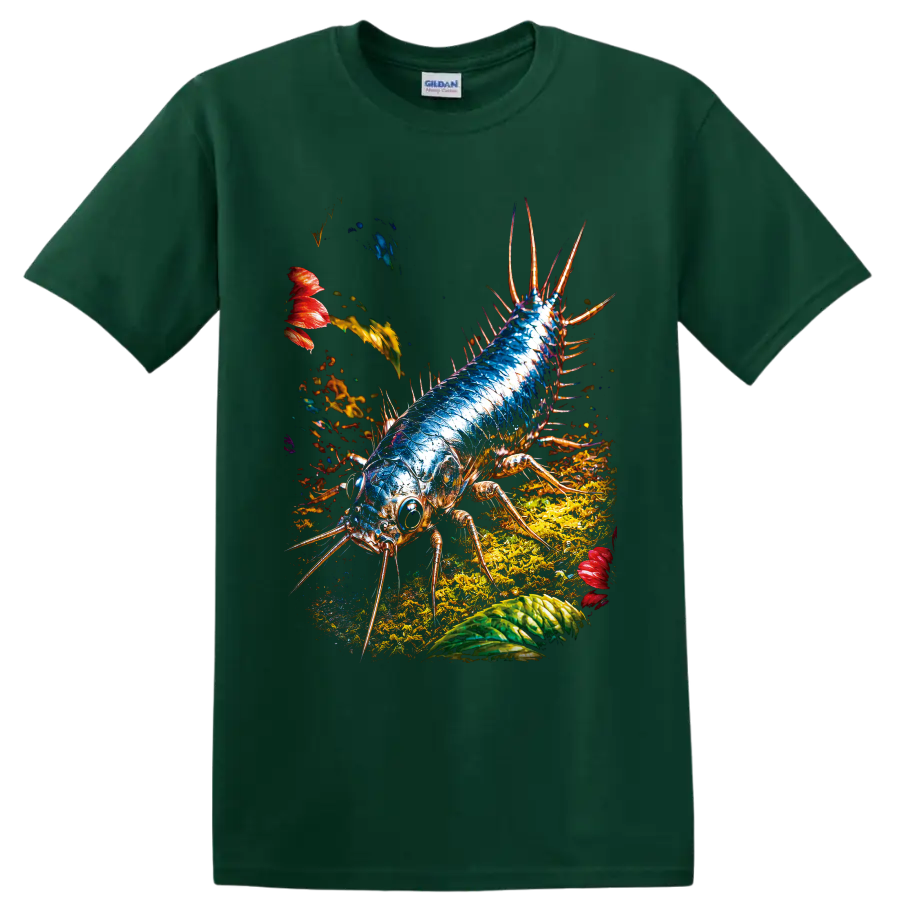 Blue spiny arthropod insect in vivid forest-floor graphic art on a Forest Green T Shirt
