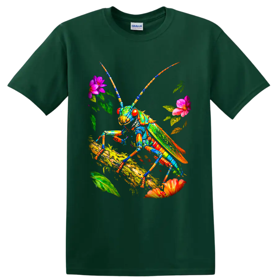 Colorful grasshopper on a mossy branch with flowers and leaves in vivid botanical art on a Forest Green T Shirt