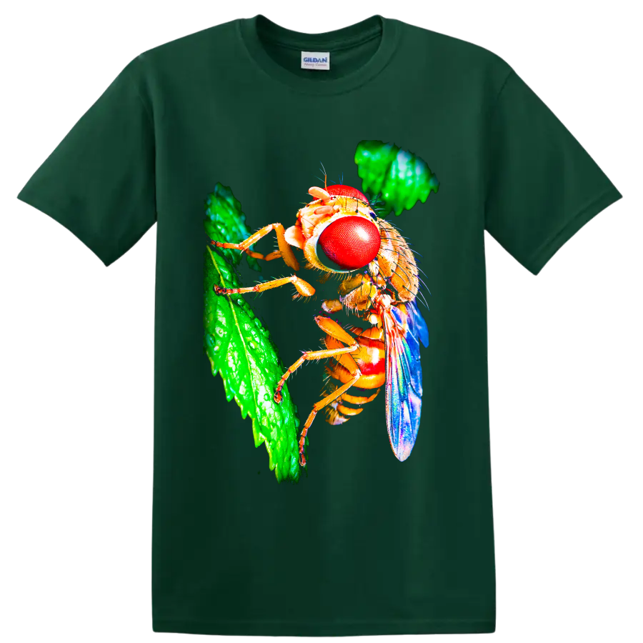 Macro fly with vivid red compound eyes, blue wings, and green leaf nature art on a Forest Green T Shirt
