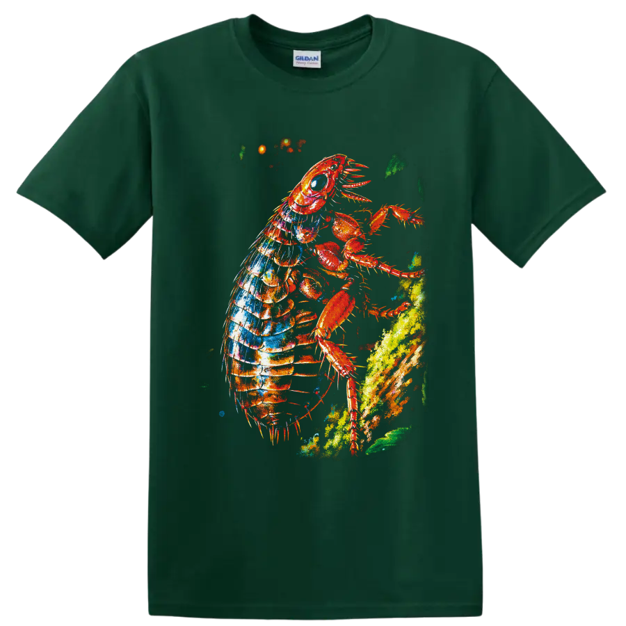 Colorful paint-splatter lobster climbing a bright ocean reef on a Forest Green T Shirt