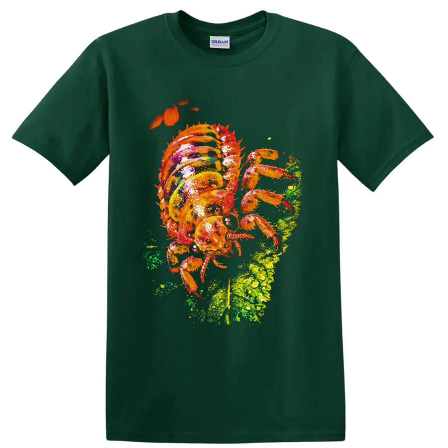 Colorful orange spiny insect on a dew-covered green leaf in vivid macro nature art on a Forest Green T Shirt