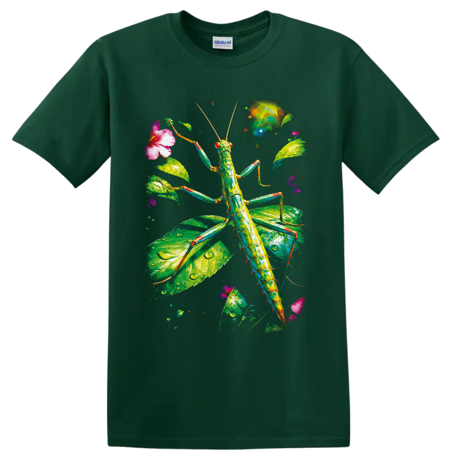 Colorful stick insect in luminous rainforest leaves with pink tropical flowers on a Forest Green T Shirt