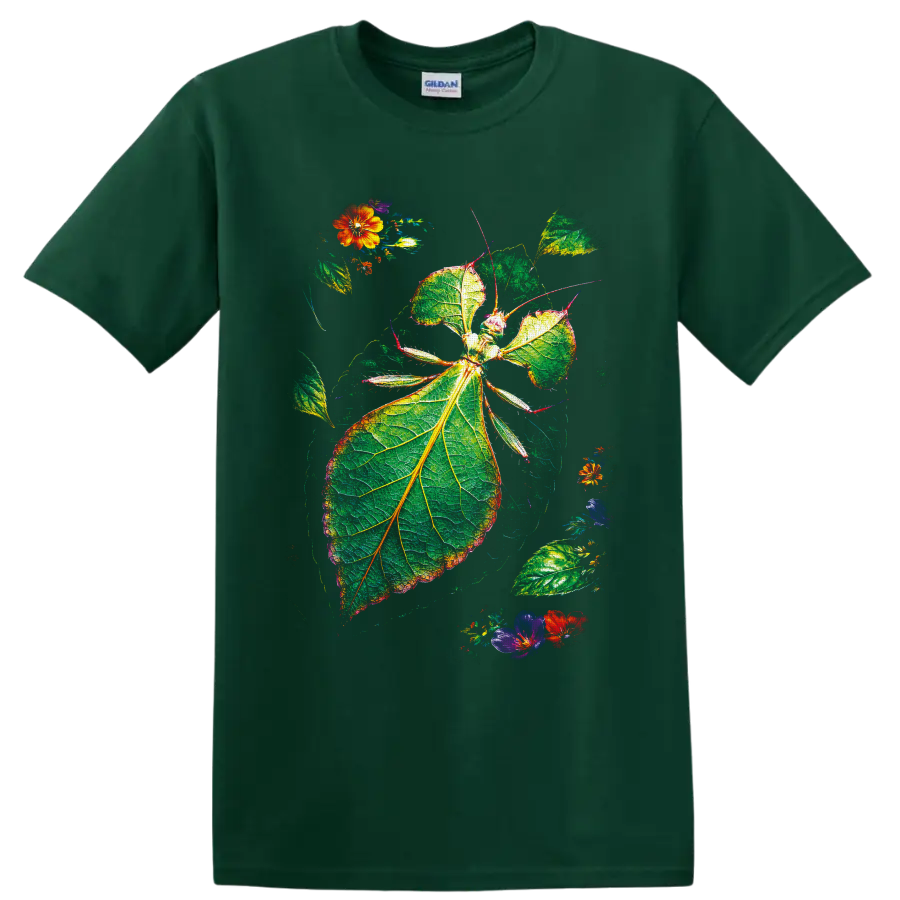 Leaf insect botanical illustration with veined green foliage and colorful flowers on a Forest Green T Shirt