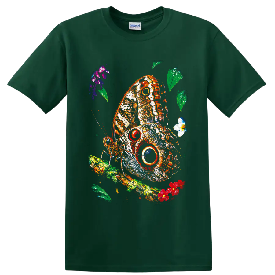 Colorful owl butterfly with bold eyespots on a leafy flowering branch on a Forest Green T Shirt