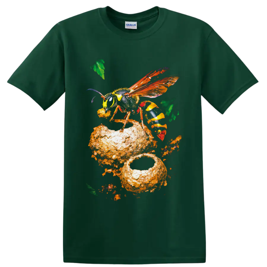 Colorful close-up wasp with orange wings on textured honeycomb-inspired nature art on a Forest Green T Shirt