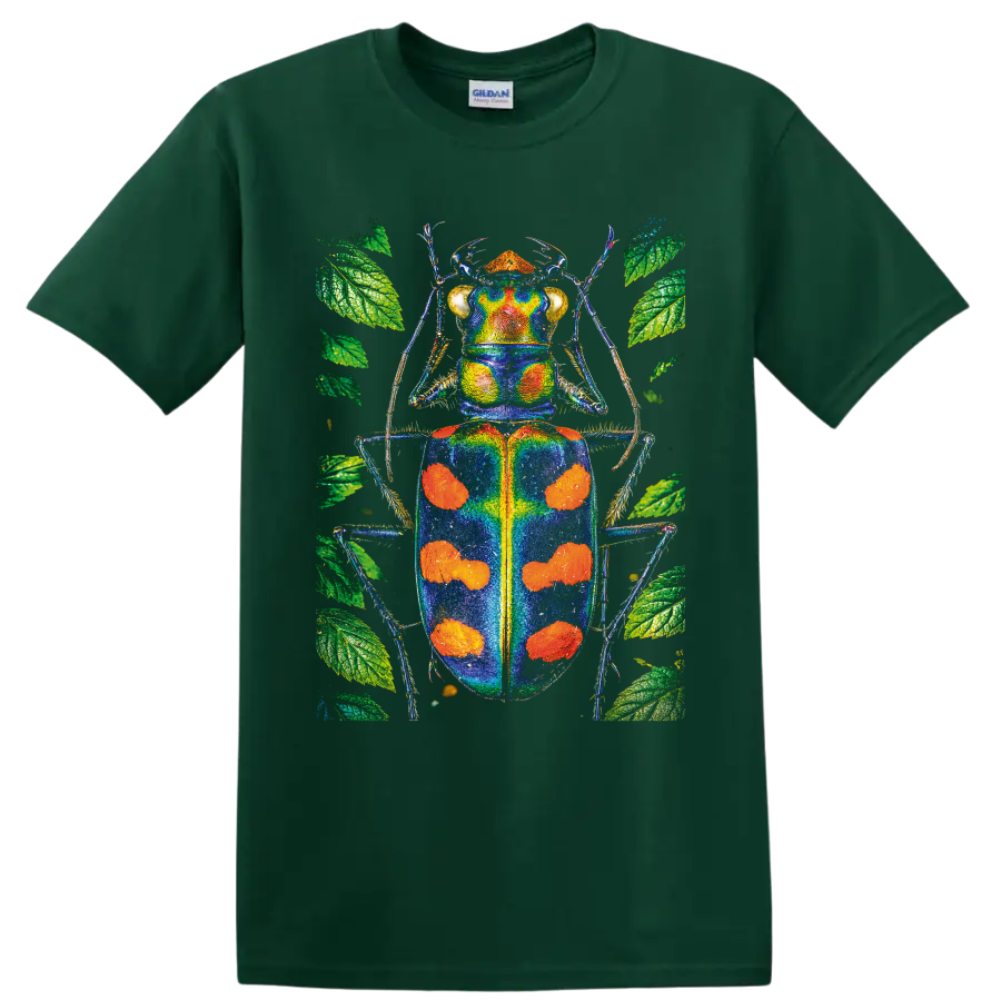 Vibrant blue and orange beetle illustration surrounded by green botanical leaves on a Forest Green T Shirt