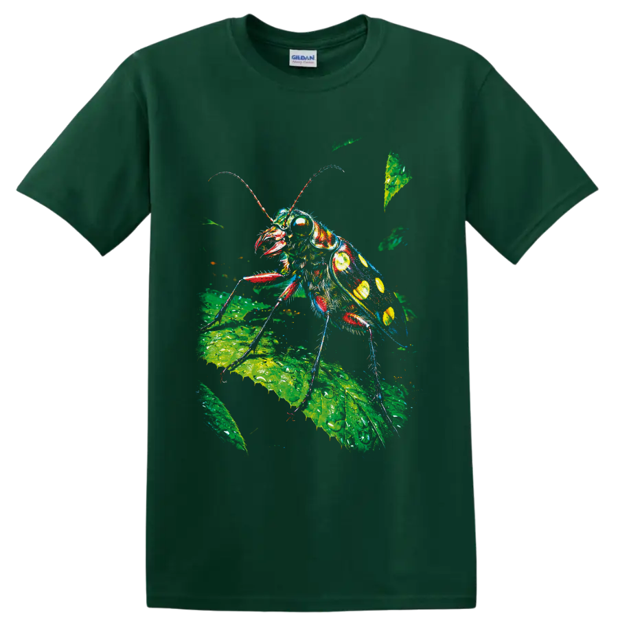 Colorful cockroach illustration on green botanical leaves in paint-splashed nature art on a Forest Green T Shirt