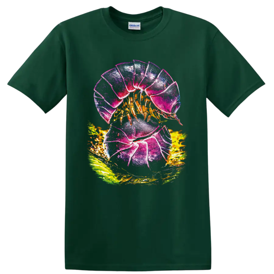Colorful hermit crab with jewel-toned shell, golden legs, and tropical leaves on a Forest Green T Shirt