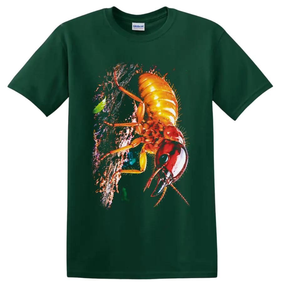 Colorful macro cockroach climbing textured bark in vivid nature art style on a Forest Green T Shirt