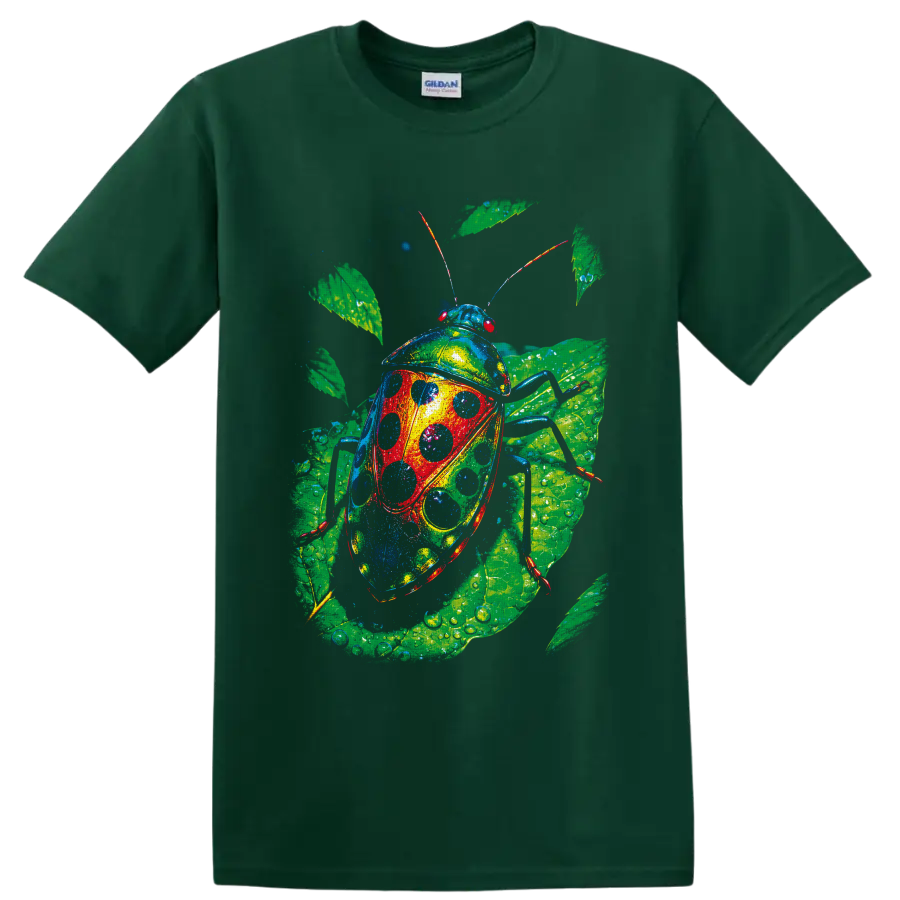 Colorful spotted beetle nature art with dew-covered tropical leaves on a Forest Green T Shirt