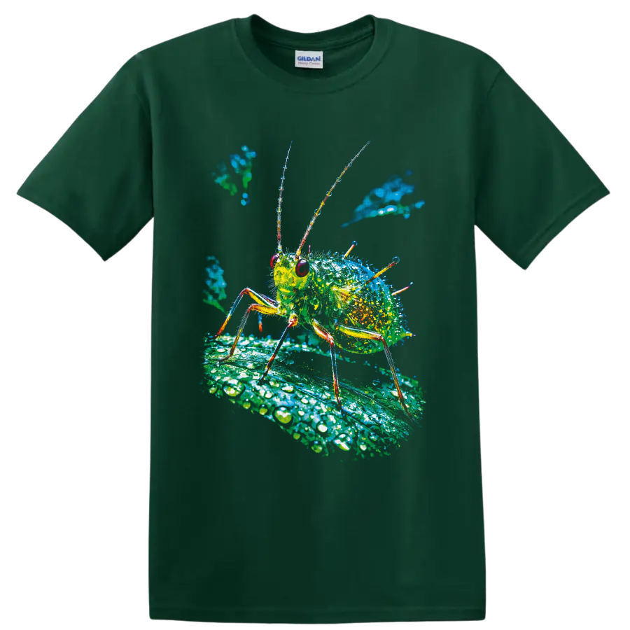 Colorful macro aphid illustration on a dew-covered leaf on a Forest Green T Shirt