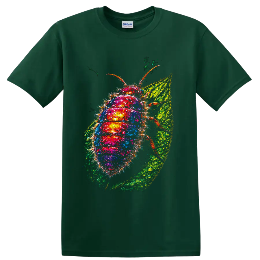 Colorful fuzzy caterpillar macro art with water droplets on a textured green leaf on a Forest Green T Shirt