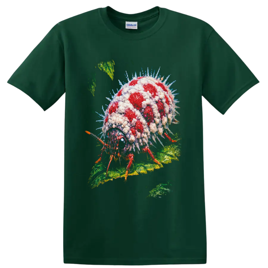 Surreal crystal-covered red ladybug with blue spines on textured green leaves on a Forest Green T Shirt