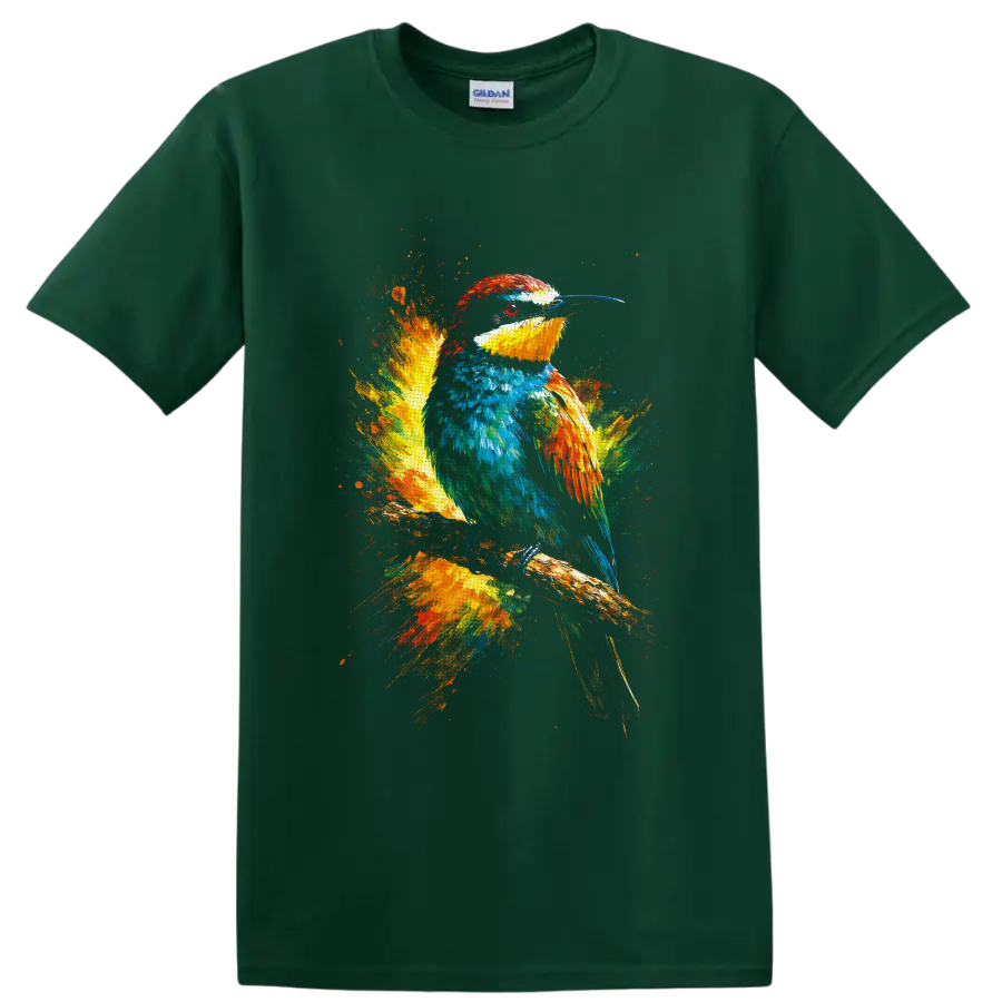 Colorful kingfisher perched on a branch in vibrant paint splash wildlife art on a Forest Green T Shirt