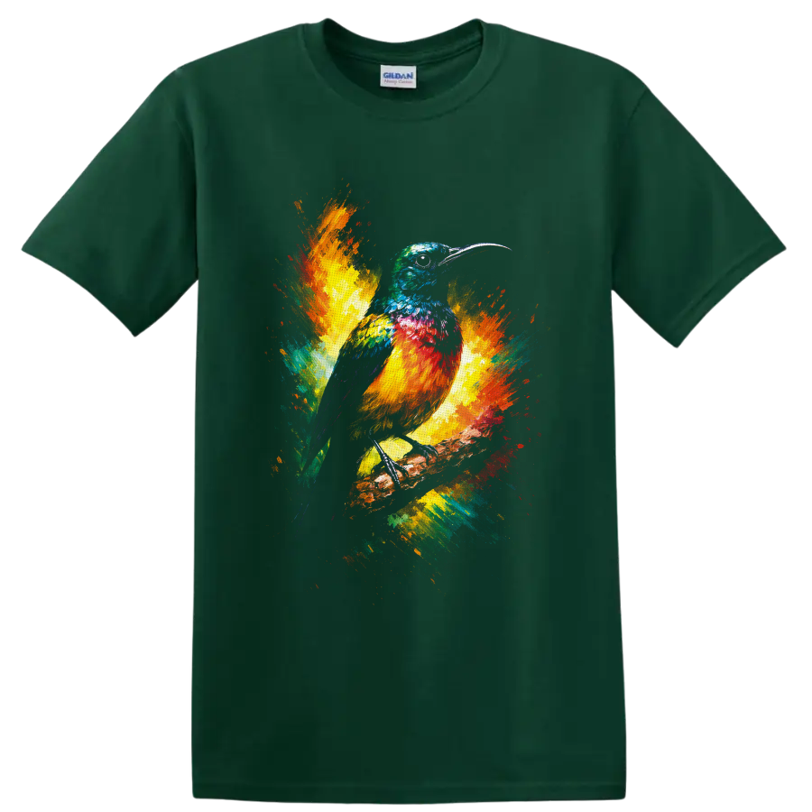 Colorful long-beaked bird on a branch with vibrant watercolor paint splashes on a Forest Green T Shirt