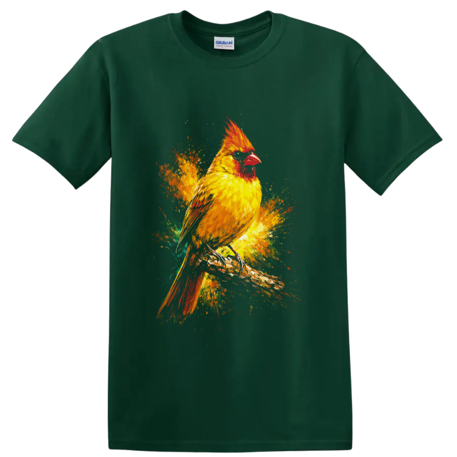 Cardinal bird on a branch in vivid multicolor paint splash wildlife art on a Forest Green T Shirt