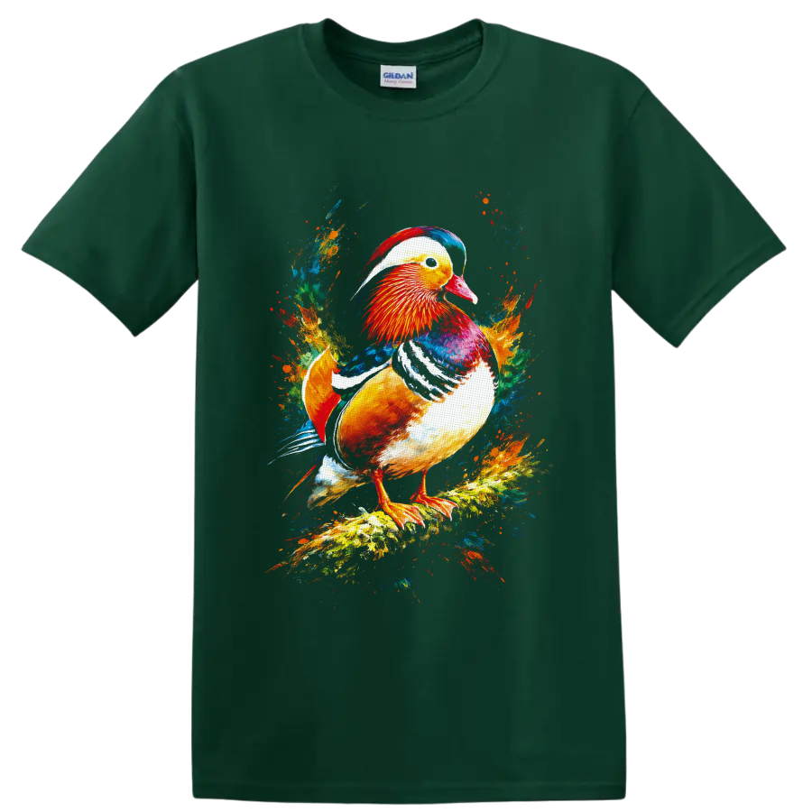 Mandarin duck in vivid painterly splash art on a branch on a Forest Green T Shirt
