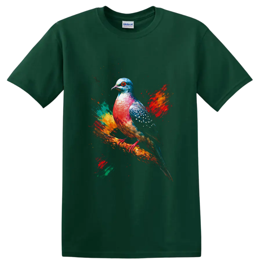 Colorful pigeon portrait on a branch with abstract paint splashes on a Forest Green T Shirt