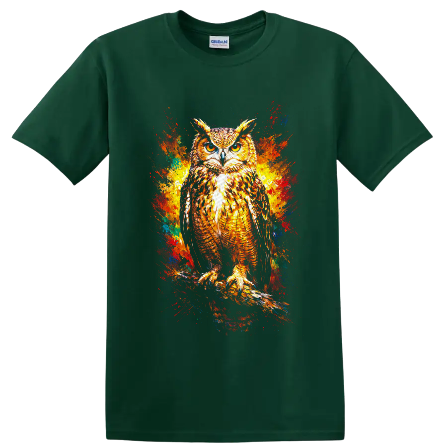 Golden-eyed owl illustration with colorful abstract paint splashes on a Forest Green T Shirt