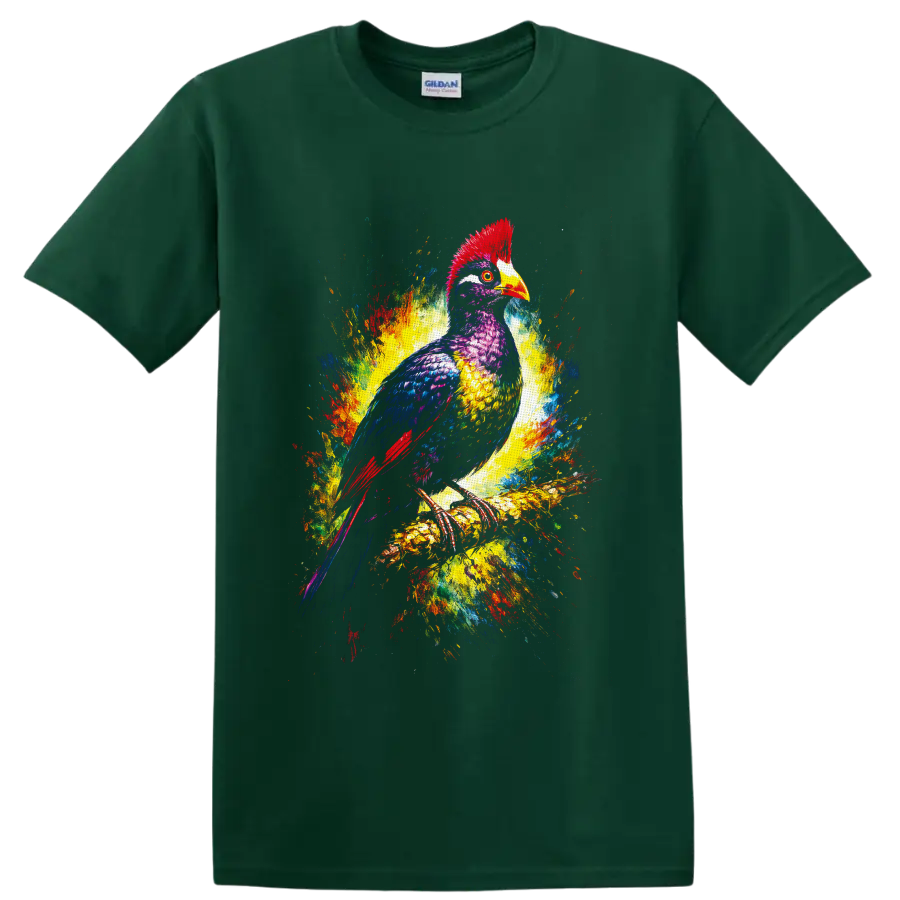 Colorful hornbill bird in vibrant painterly splashes perched on a branch on a Forest Green T Shirt