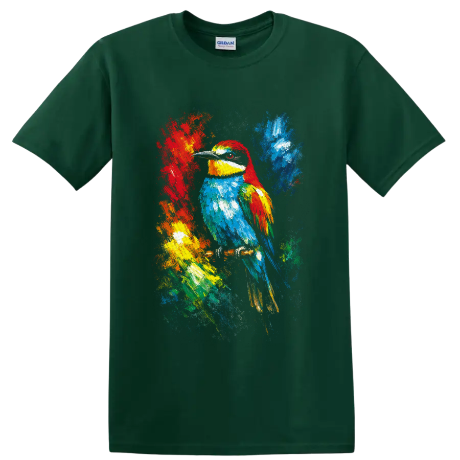 Colorful tropical bird portrait with abstract paint splashes and textured brushstrokes on a Forest Green T Shirt