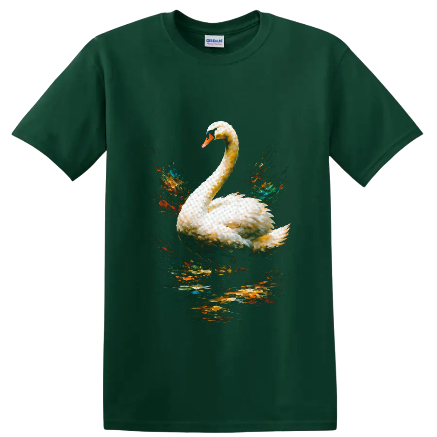 Mute swan with colorful watercolor splashes and reflective water on a Forest Green T Shirt
