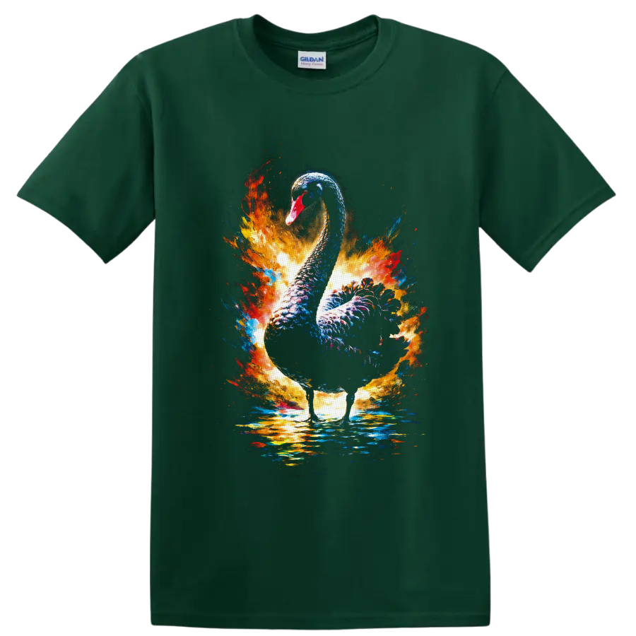 Black swan with vivid blue, orange, and gold paint splashes over reflective water on a Forest Green T Shirt