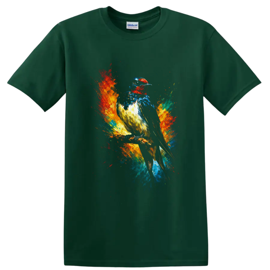 Colorful perched songbird in expressive paint splashes and textured brushstrokes on a Forest Green T Shirt