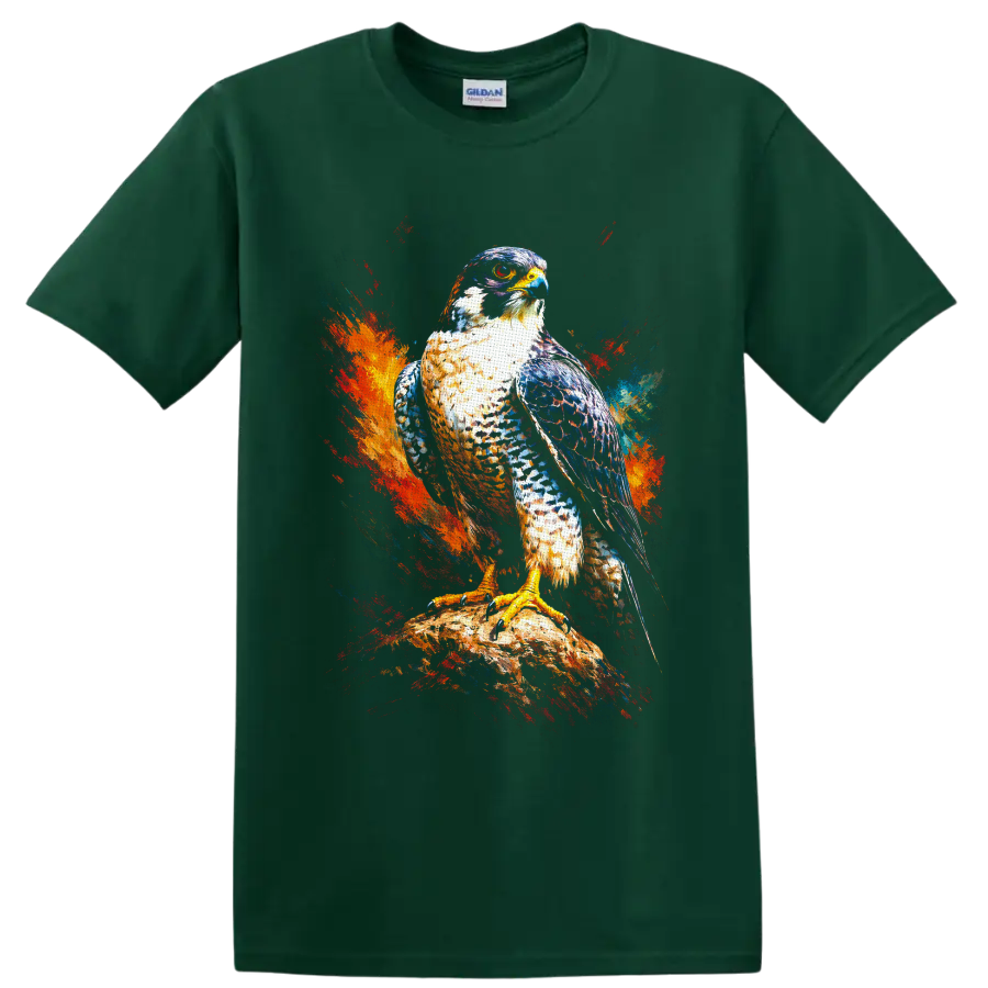Peregrine falcon perched on a rock with vivid abstract paint splashes on a Forest Green T Shirt