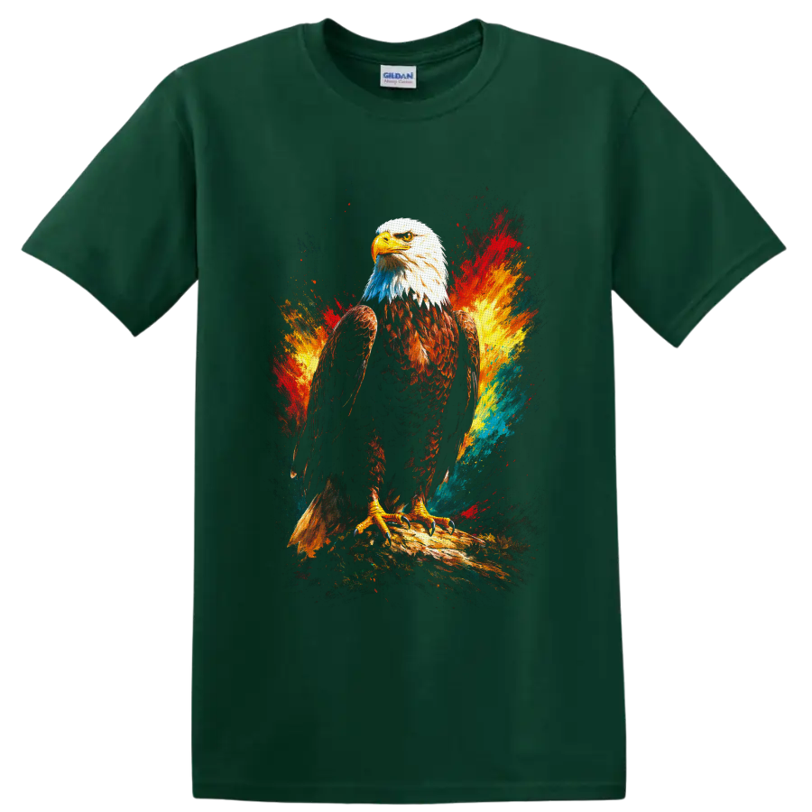 Painterly bald eagle on a branch with vivid red, gold, blue, and teal color splashes on a Forest Green T Shirt