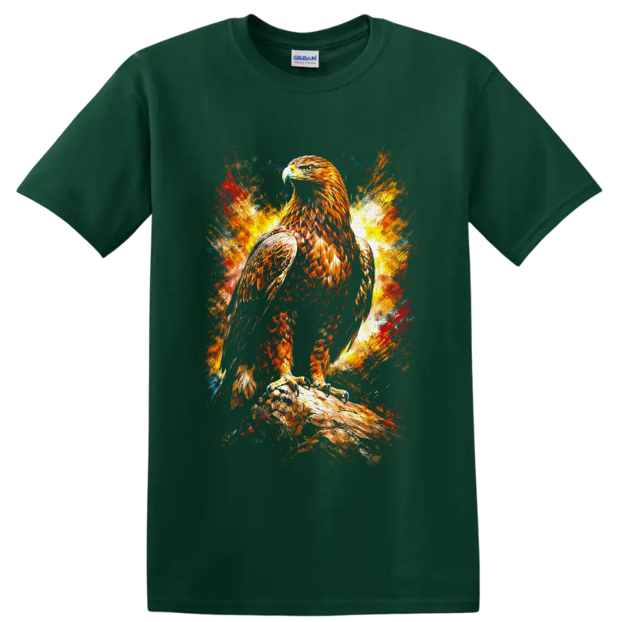 Fiery paint-splash bald eagle perched on a branch wildlife graphic on a Forest Green T Shirt