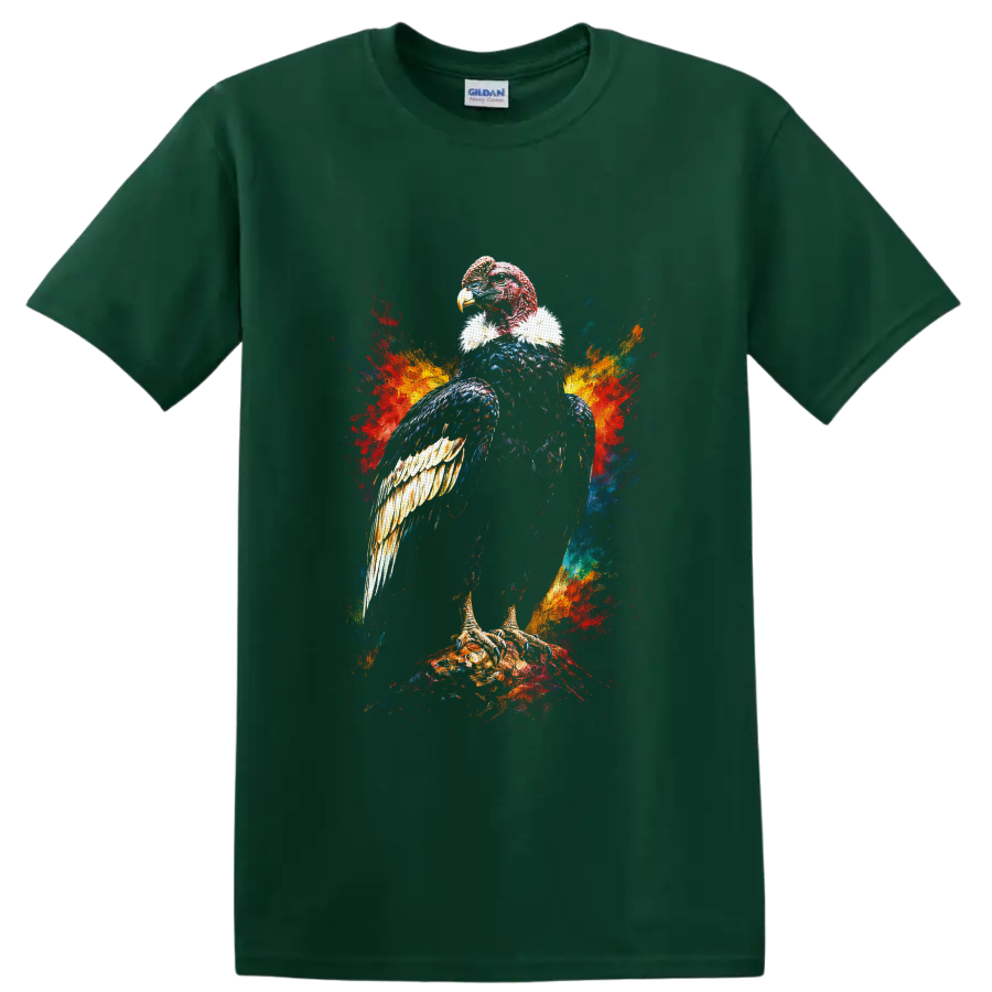 Colorful painterly vulture bird of prey perched amid vivid paint splashes on a Forest Green T Shirt