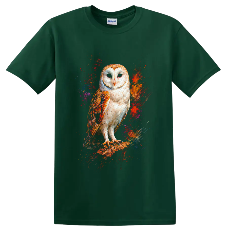 Barn owl perched on a branch with vivid abstract paint splashes on a Forest Green T Shirt
