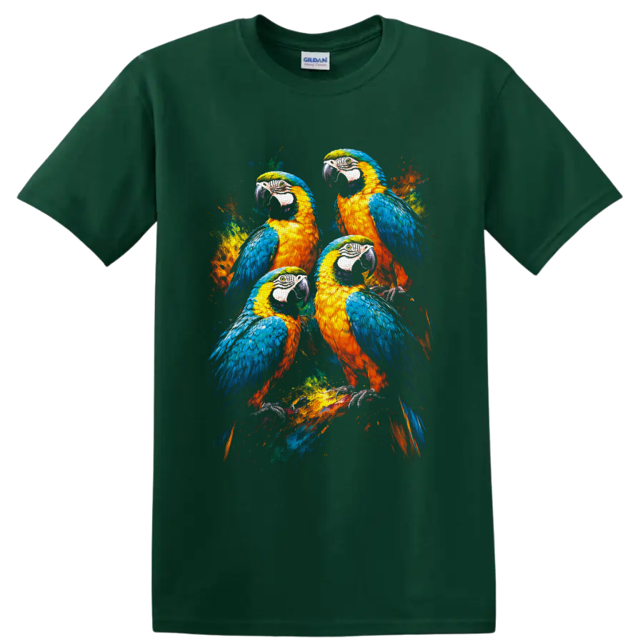 Four blue-and-yellow macaws in a vibrant paint-splash wildlife illustration on a Forest Green T Shirt