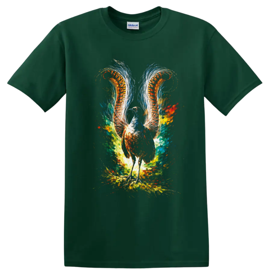 Colorful fantasy pheasant with fiery feather wings and abstract paint splashes on a Forest Green T Shirt