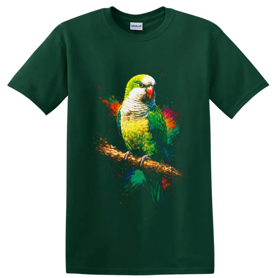 Monk parakeet portrait on branch with vibrant abstract paint splashes on a Forest Green T Shirt