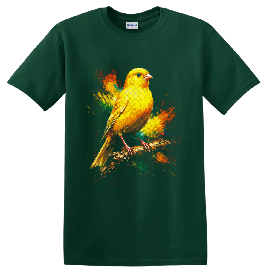 Yellow canary perched on a branch with colorful paint splash art on a Forest Green T Shirt
