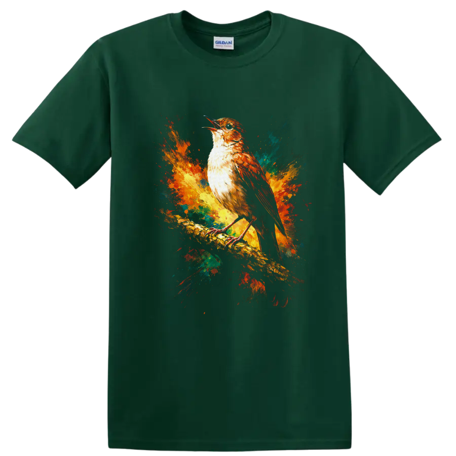 Perched songbird on a branch with colorful watercolor paint splashes on a Forest Green T Shirt