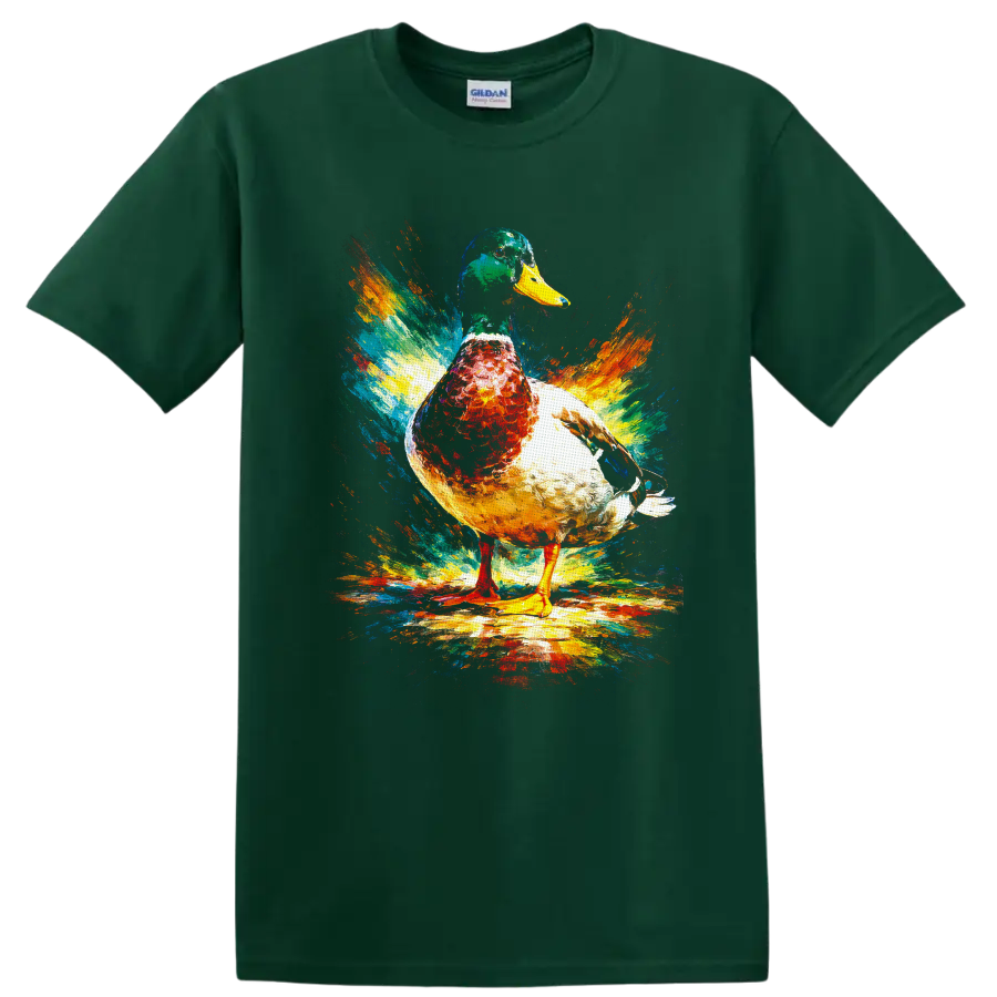 Painterly mallard duck with vibrant abstract color splash brushstrokes on a Forest Green T Shirt