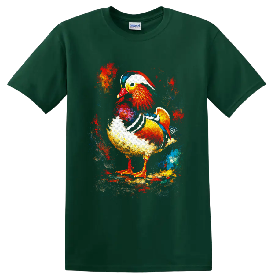 Painterly Mandarin duck with vivid red, gold, teal, and blue abstract splashes on a Forest Green T Shirt