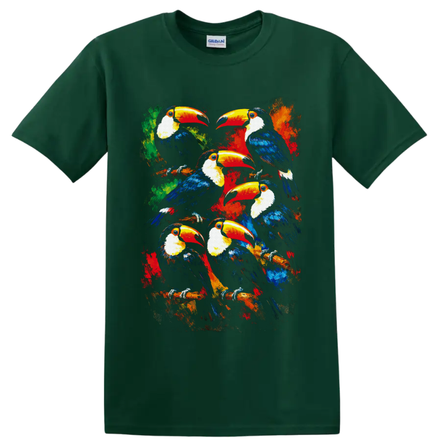 Painterly flock of six toucans on branches with vibrant tropical foliage on a Forest Green T Shirt