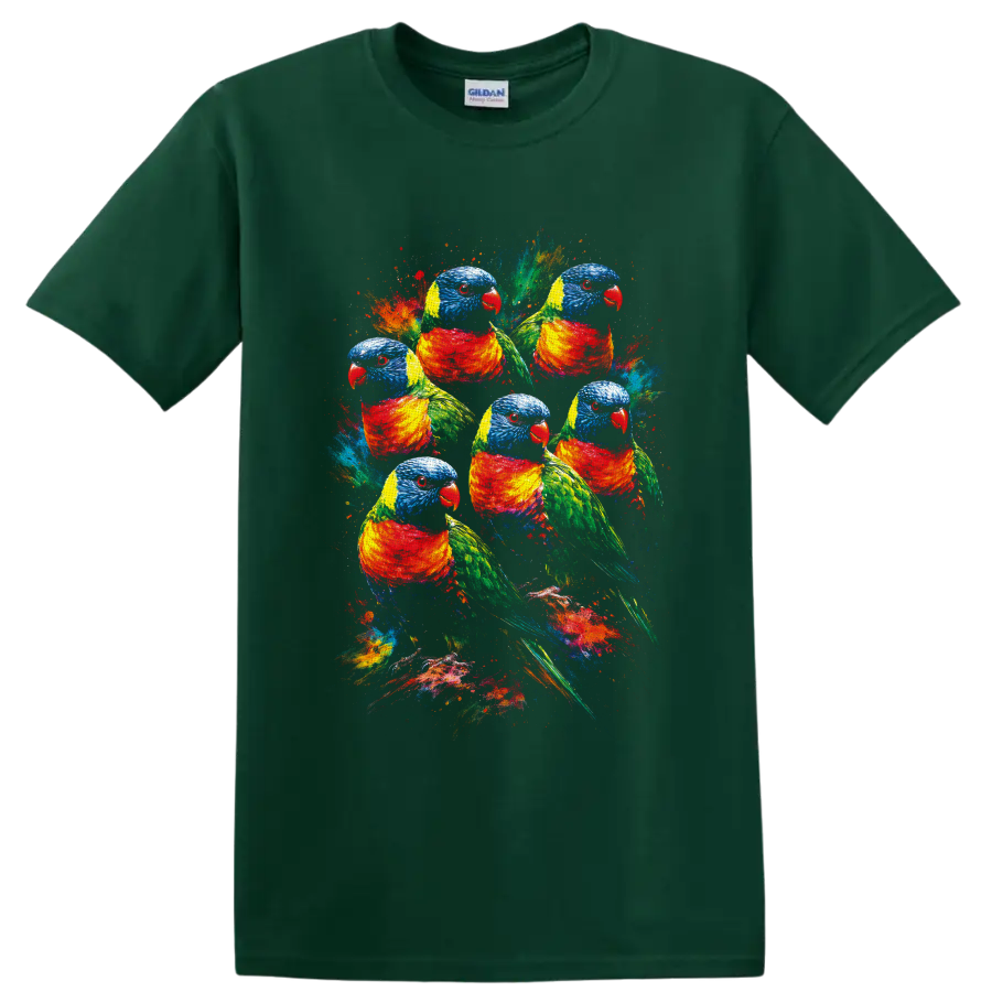 Six rainbow lorikeet parrots in colorful paint-splatter wildlife art on a Forest Green T Shirt