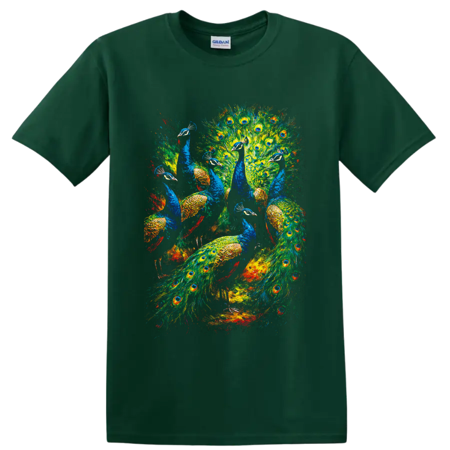 Colorful painterly peacock flock with blue birds and eye-spotted feather fans on a Forest Green T Shirt