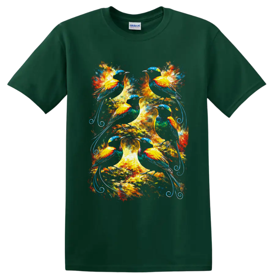 Six colorful birds in a radiant tree with painterly foliage and blue scrollwork on a Forest Green T Shirt