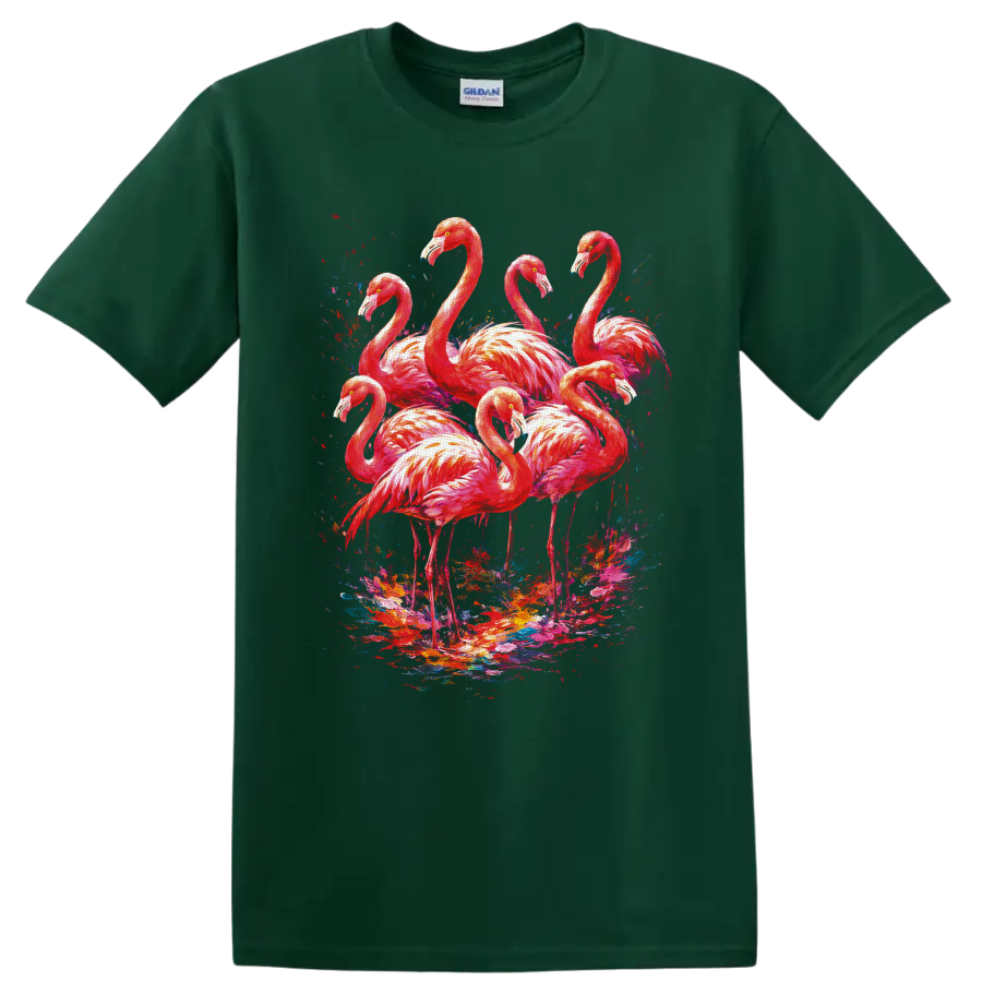 Painterly pink flamingo flock with vivid abstract tropical paint splashes on a Forest Green T Shirt